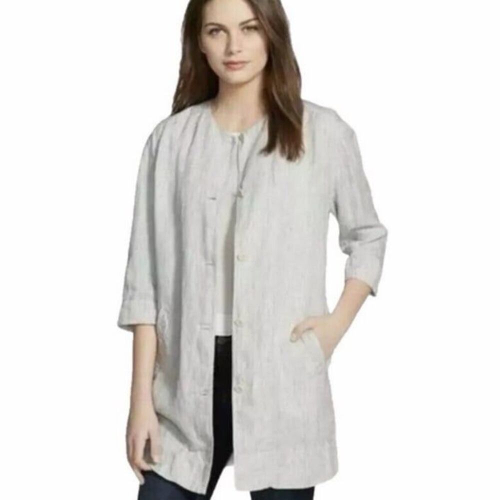Eileen Fisher Roundneck Slub Stripe 100% Organic Linen Long Jacket PS